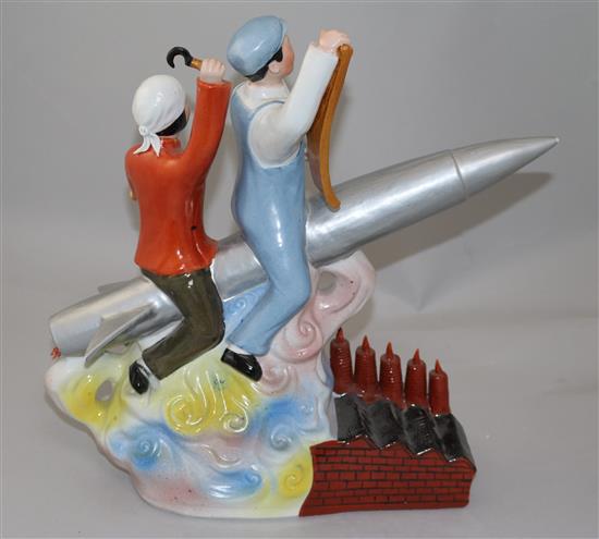 A mid/late 20th century Chinese propaganda polychrome ceramic group, 14.5in.